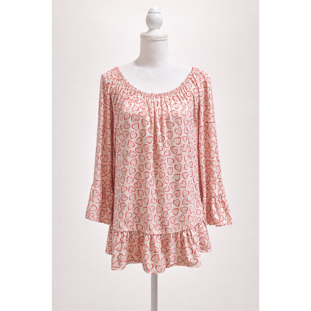 Tommy Hilfiger M Heart Print Ruffle Hem Blouse Romantic Chic Stretch Top